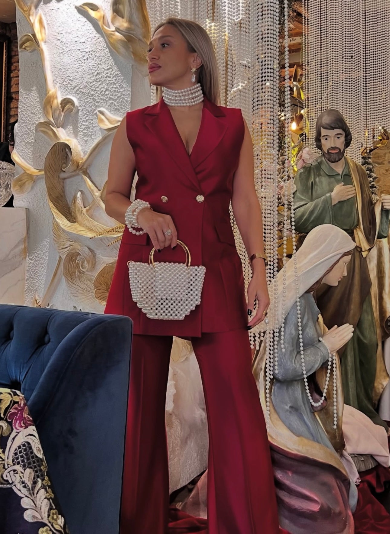 Conjunto elegante pantalón cintura alta con chaleco largo