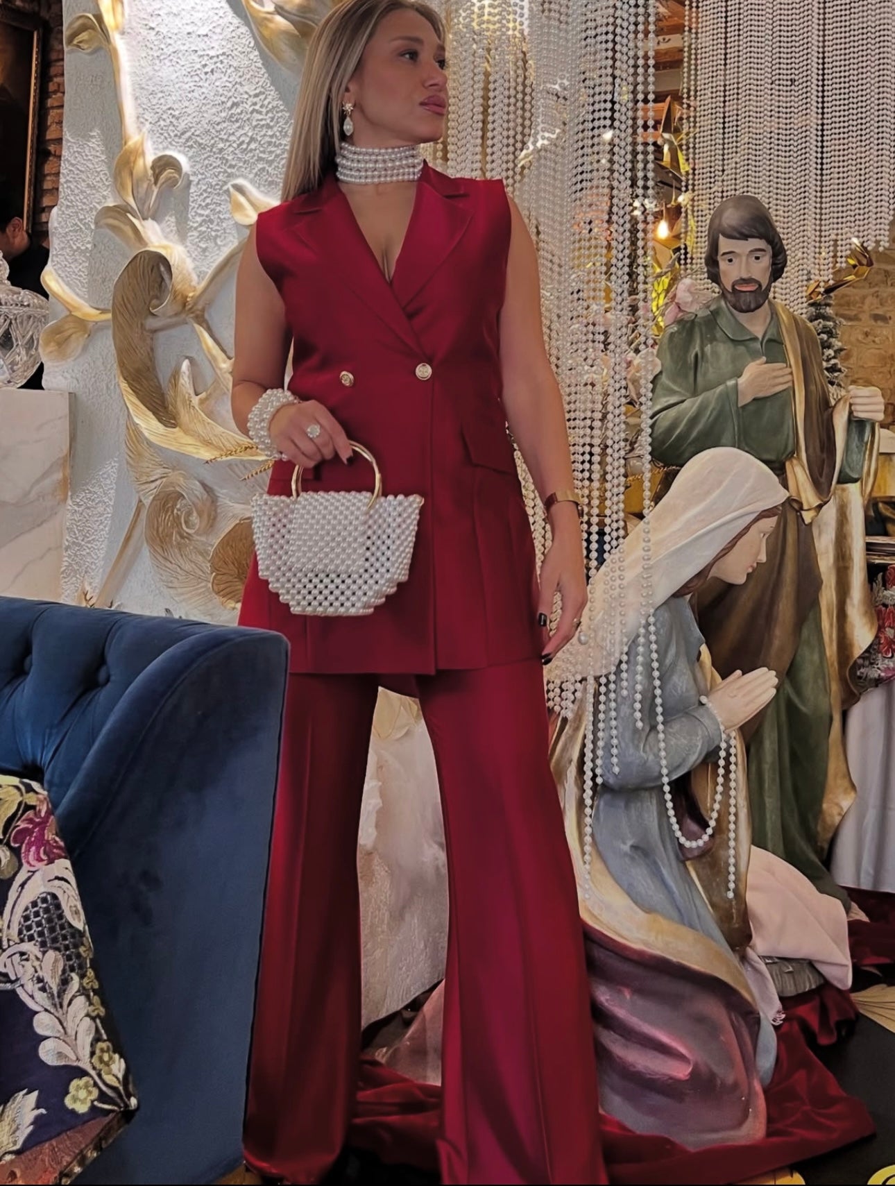 Conjunto elegante pantalón cintura alta con chaleco largo